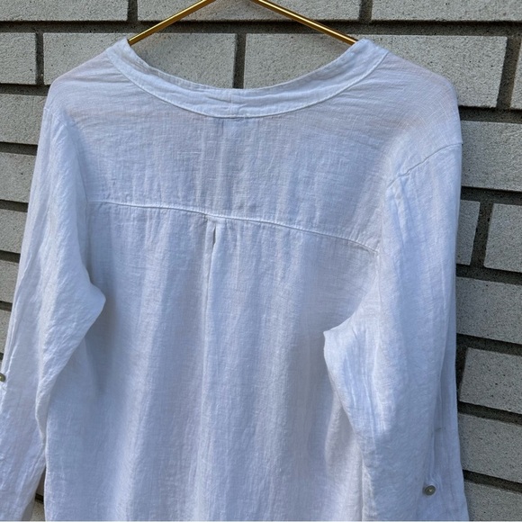 Rosemarine White Linen Roll Tab Sleeve Two Button V-Neck Shirt Blouse - Picture 11 of 11